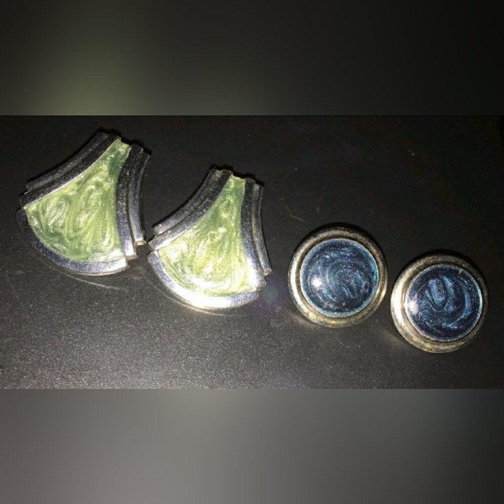 Vintage Earrings. 2 Pair. Silver, Green, Blue Swirl. Retro.